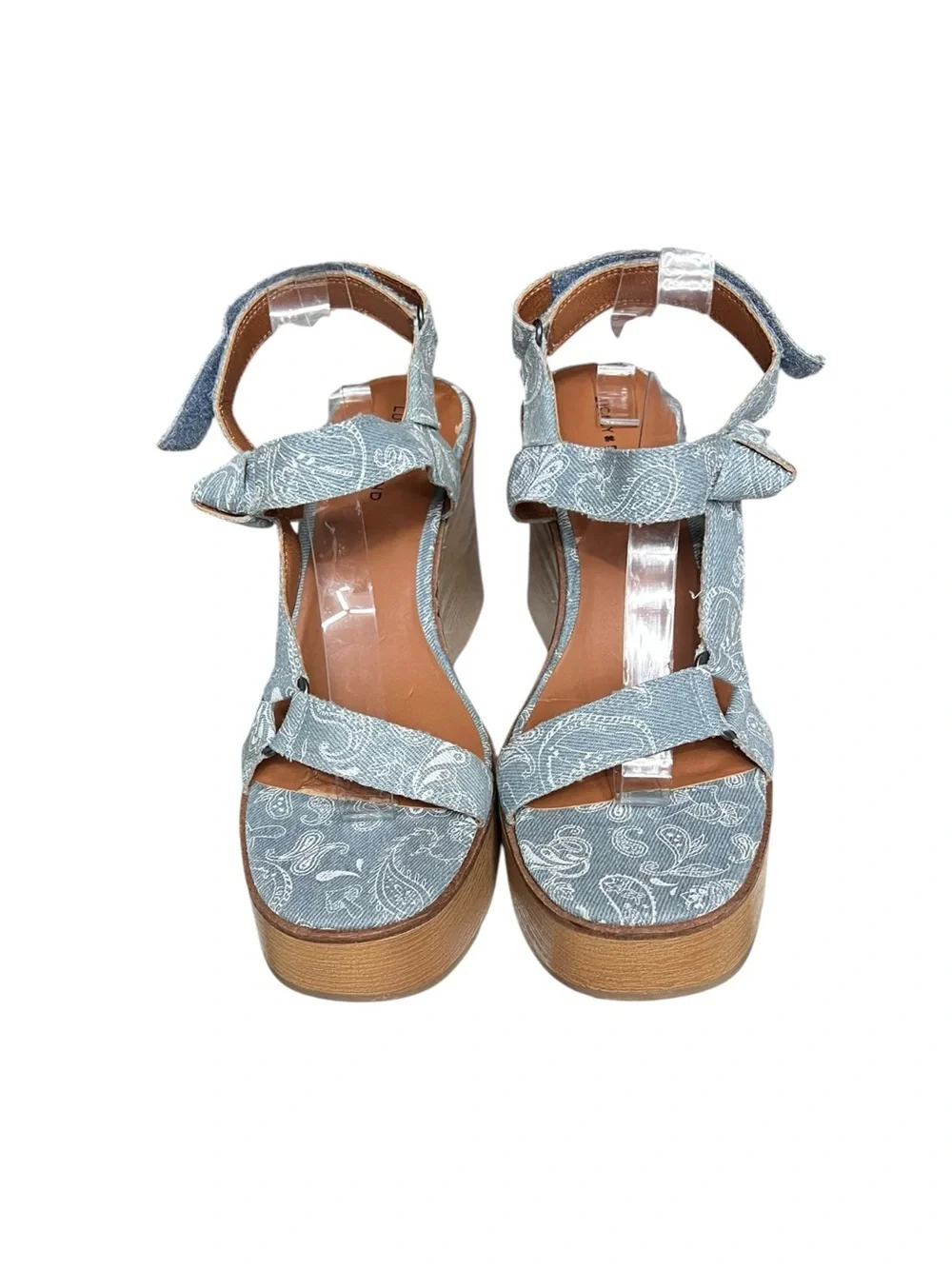 🌻NEW NWOT Lucky Brand Demmia Platform Wedge Sandals Blue Denim Paisley Size 11